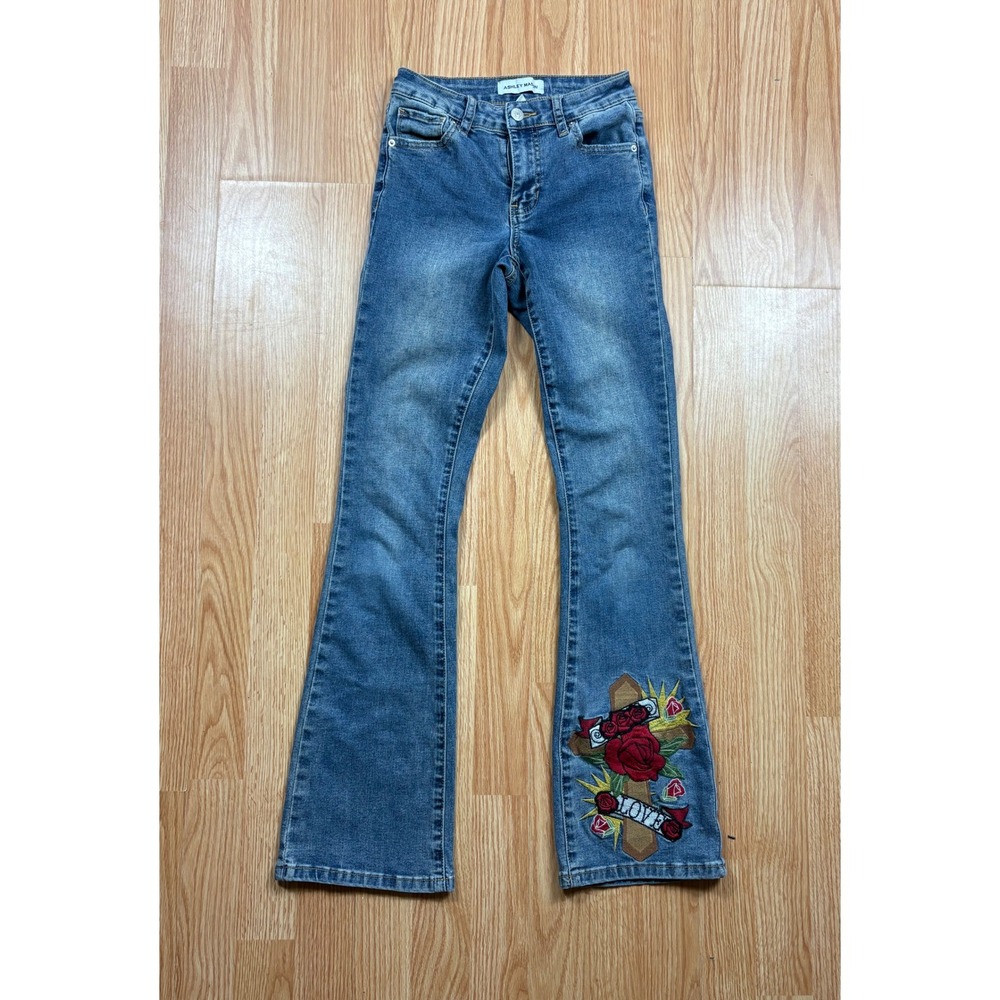 Ashley Mason Flare Jeans Blue Medium Wash Embroidered Rose Cross Love Size 00/23
